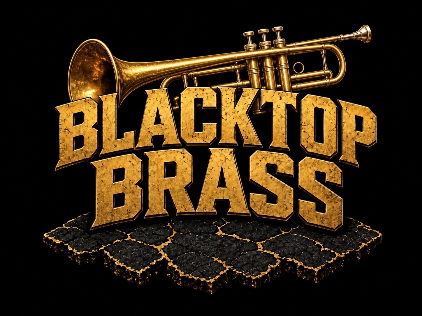 Blacktop Brass in weathered gold lettering, with a trumpet over cracked black pavement